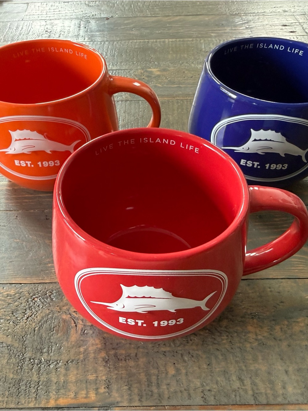 Tommy Bahama Red, Blue and Orange Ceramic Marlin Mugs